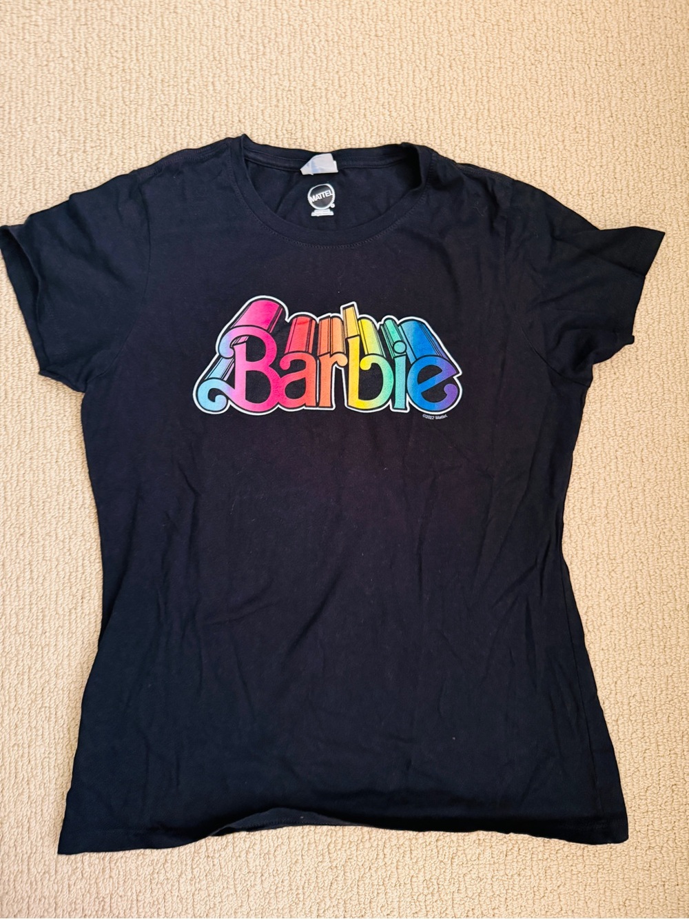 Barbie Black Tee with Rainbow Script Logo
